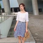 Plain Short-sleeve Top / Stripe Mini Skirt