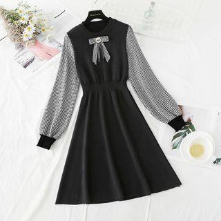 Puff-sleeve Houndstooth Panel A-line Knit Dress