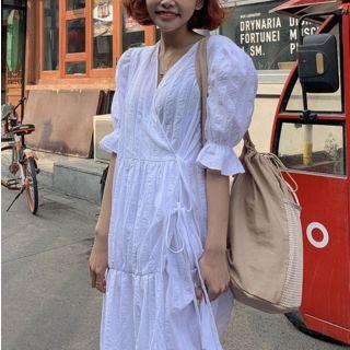 Knit Vest / Puff-sleeve Maxi Wrap Dress