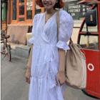 Knit Vest / Puff-sleeve Maxi Wrap Dress