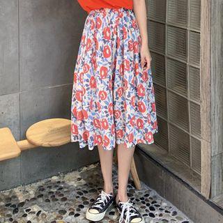 Crew-neck Short-sleeve T-shirt / Flower Print A-line Skirt