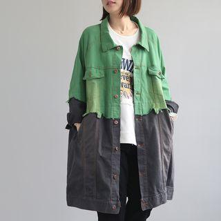 Paneled Denim Buttoned Long Jacket