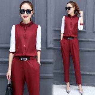 Set: Frill Trim Color Panel Long Sleeve Blouse + Pants