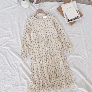 Printed Long-sleeve Midi Chiffon Shirtdress