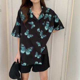 Elbow-sleeve Butterfly Print Shirt As Shown In Figure - One Size