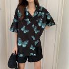 Elbow-sleeve Butterfly Print Shirt As Shown In Figure - One Size