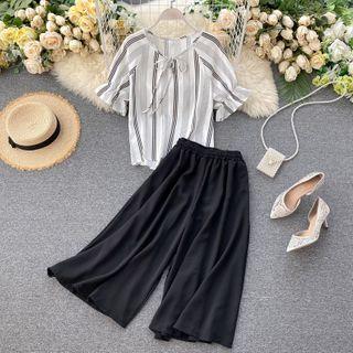 Set: Striped Short-sleeve Blouse + Cropped Wide-leg Pants