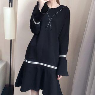 Ruffle Hem Striped Trim Long-sleeve Dress