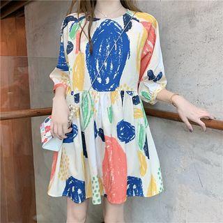 Picture Print Elbow-sleeve Dress / High-waist Shorts
