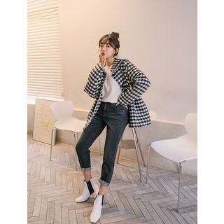 Sailor-collar Drawstring Houndstooth Jacket