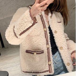 Contrast Trim Faux Shearilng Jacket
