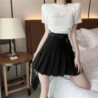 Short-sleeve Crop T-shirt / Belted Pleated Skirt
