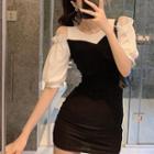 Puff-sleeve Cold Shoulder Mini Bodycon Dress