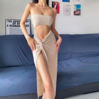 Strapless Cutout Slit Midi Bodycon Dress