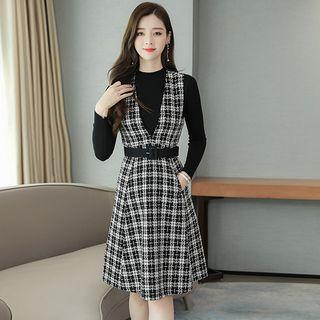 Set: Plaid Sleeveless A-line Dress + Knit Top