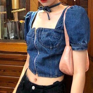 Balloon-sleeve Cropped Denim Blouse