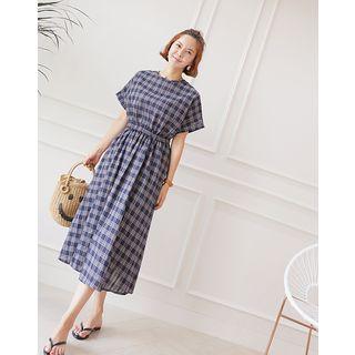 Roll-up Sleeve Plaid Midi Empire Dress