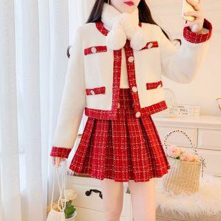 Set: Contrast Trim Jacket + Pleated Mini Skirt