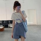 Duck Print Short-sleeve T-shirt / Gingham Mini Straight-fit Skirt