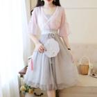 Traditional Chines Elbow-sleeve Lace Trim A-line Chiffon Dress