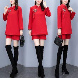 Set: Long-sleeve Mandarin Collar Top + Shorts