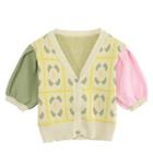 Short-sleeve V-neck Floral Cropped Cardigan Yellow - One Size