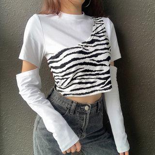 Set: Long-sleeve Cutout Crop Top + Zebra Print One-shoulder Tank Top