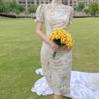 Floral Short-sleeve High-waist Qipao Dress