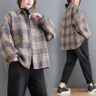 Plaid Button Jacket With Lining - Plaid - Blue & Brown - One Size