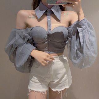 Puff-sleeve Halter Mesh Panel Chiffon Top