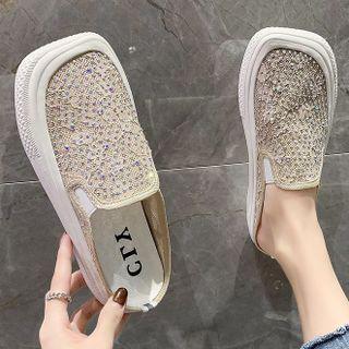 Rhinestone Square-toe Flat Mules