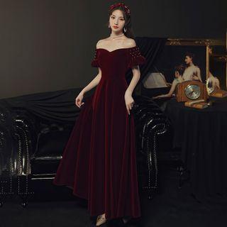 Short-sleeve Off-shoulder Velvet Evening Gown