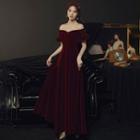 Short-sleeve Off-shoulder Velvet Evening Gown