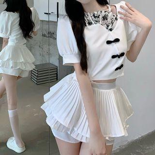 Puff-sleeve Print Panel Crop Top / Tiered Mini Skort