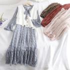 Set: Flower Print Long-sleeve Midi Dress + Knit Vest