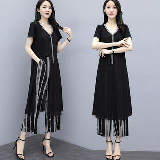 Set: Short-sleeve Slit Chiffon Tunic + Wide-leg Pants