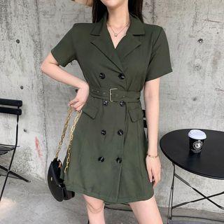 Double-breasted Short-sleeve Dress Green - One Size