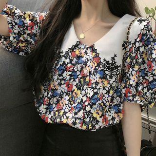 Contrast Collar Floral Print Short-sleeve Blouse