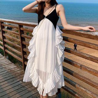 Spaghetti Strap Two-tone Ruffle Trim Midi A-line Dress