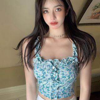 Ruffle Trim Floral Print Cropped Camisole Top