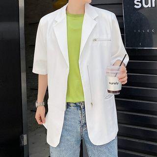 Elbow-sleeve Zip Accent Open Front Blazer