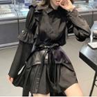 Set: Frill Trim Mini Shirtdress + Faux Leather Waist Belt