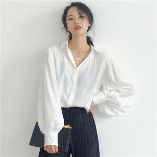 Plain V-neck Lantern-sleeve Blouse