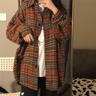 Plaid Shirt Jacket Orange - One Size