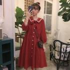 Long-sleeve Midi Sailor Collar A-line Dress Red - One Size