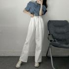 Puff-sleeve Drawcord Denim Crop Top / Wide-leg Pants