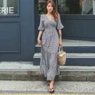 Plaid V-neck Elbow-sleeve Dress