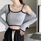 Set: Contrast Trim Cardigan + Camisole Gray - One Size