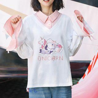 Inset Shirt Unicorn Print Long-sleeve Top