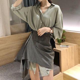 Plain Long Shirt / Pinstriped Asymmetrical A-line Skirt
